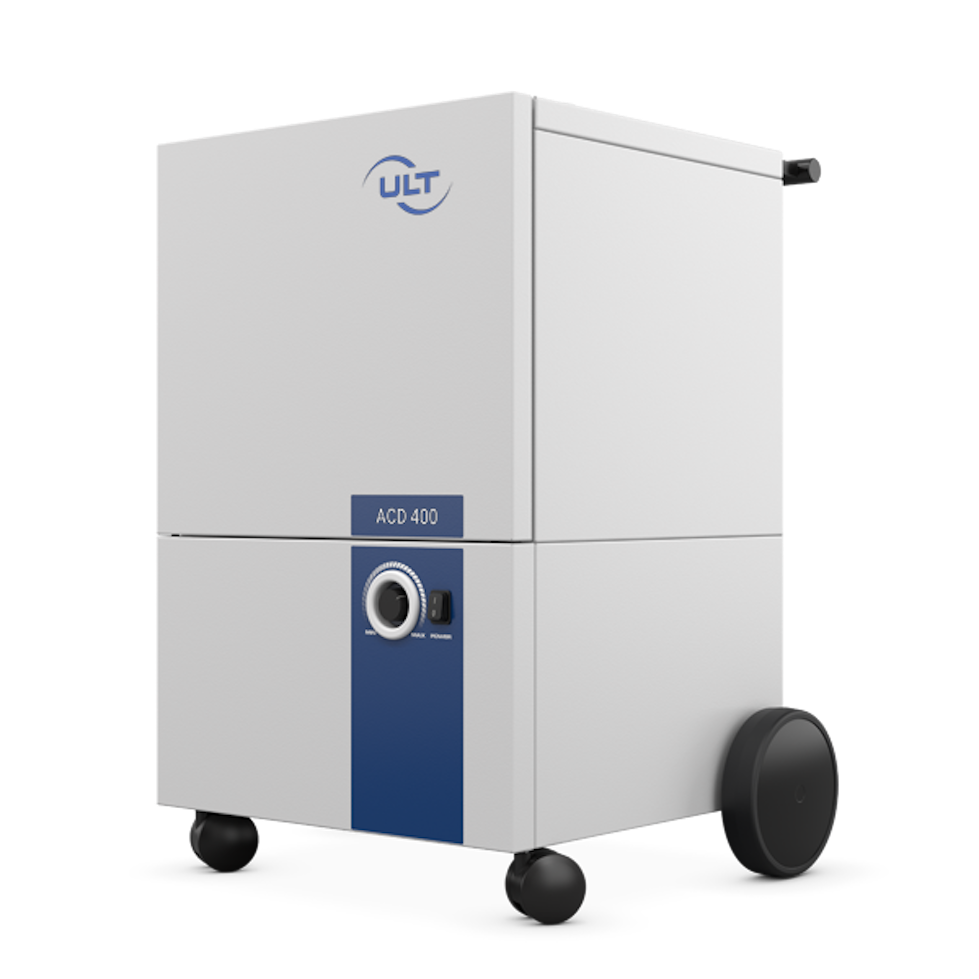 Side view of a gray device with a blue sticker