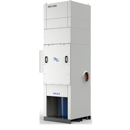 High suction system for large amounts of dust. Control cabinet on the left side of the system, dust collection container freely accessible from the front