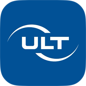 Weißes ULT-Logo auf blauem Hintergrund