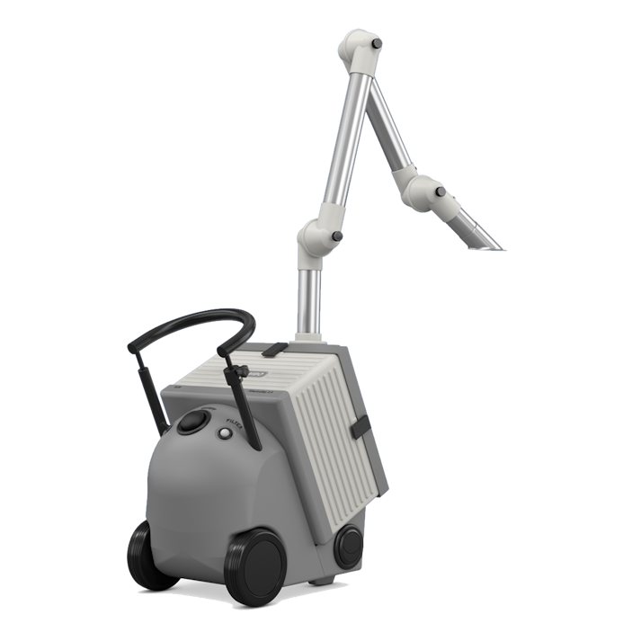 Device made of grey plastic with castors and mounted extraction arm