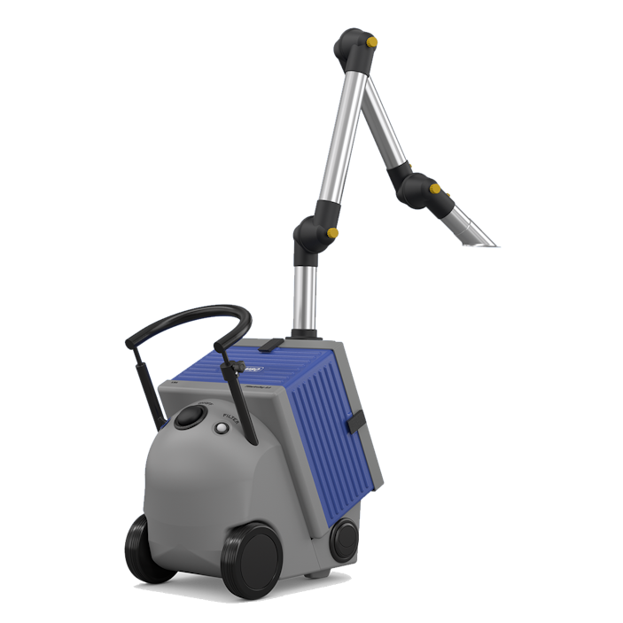 Mobile device with height-adjustable handle and installed extraction arm