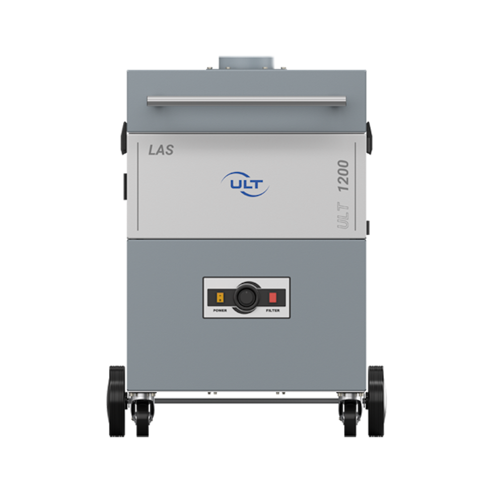 On the front of the gray extraction system there are potentiometers, illuminated displays and a handle to open the system