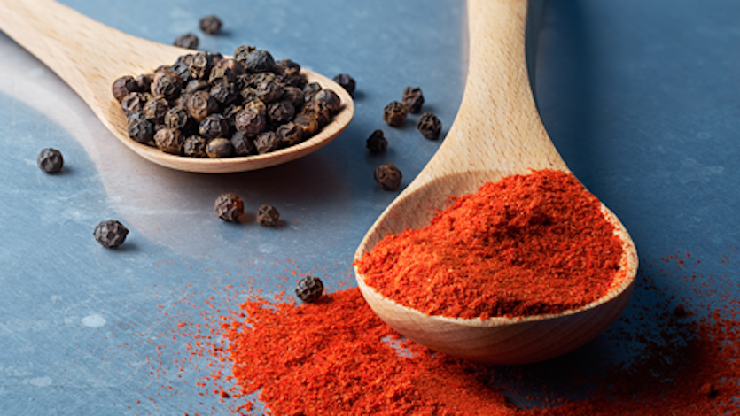 Wooden spoon with paprika powder and dried berries