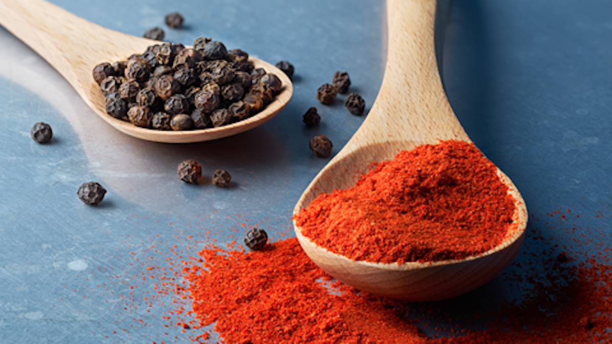 Wooden spoon with paprika powder and dried berries