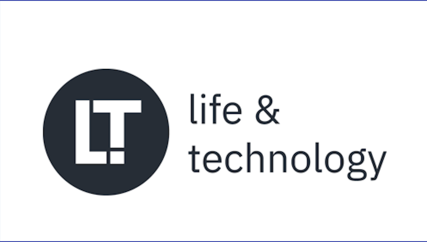 Black circle with white graphic to the left of the lettering
