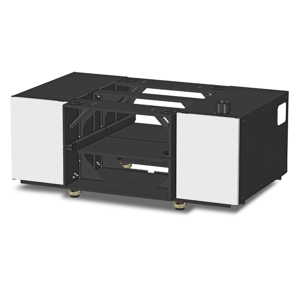 Schwarze Box mit Öffnungen und weißen Türen an den Stirnseiten