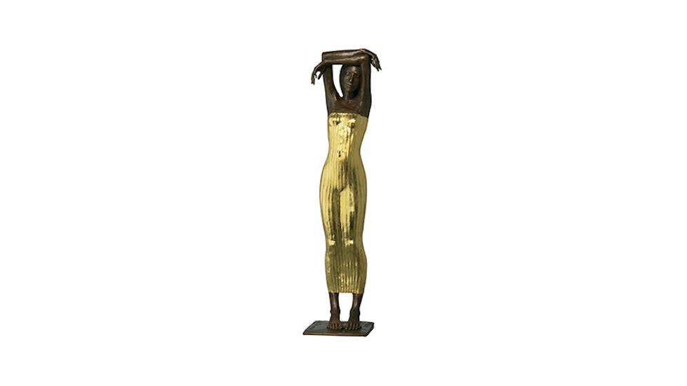 Skulptur „Die Träumende“, Frau in goldenem Kleid, als Preis für Sachsens Unternehmer des Jahres