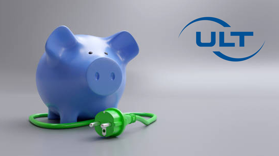 Blaues Sparschwein, grünes Kabel und rechts oben das ULT-Logo