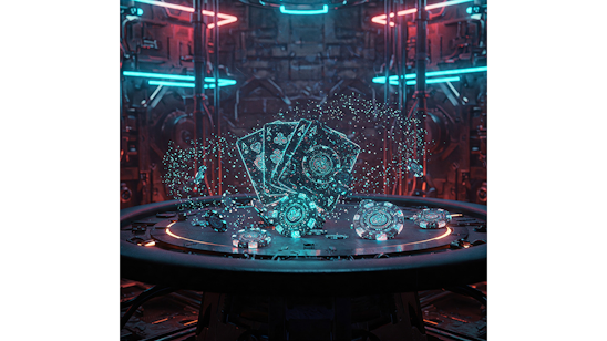 KI-generiertes Bild eines Pokertisches, über dem vier Pokerkarten schweben