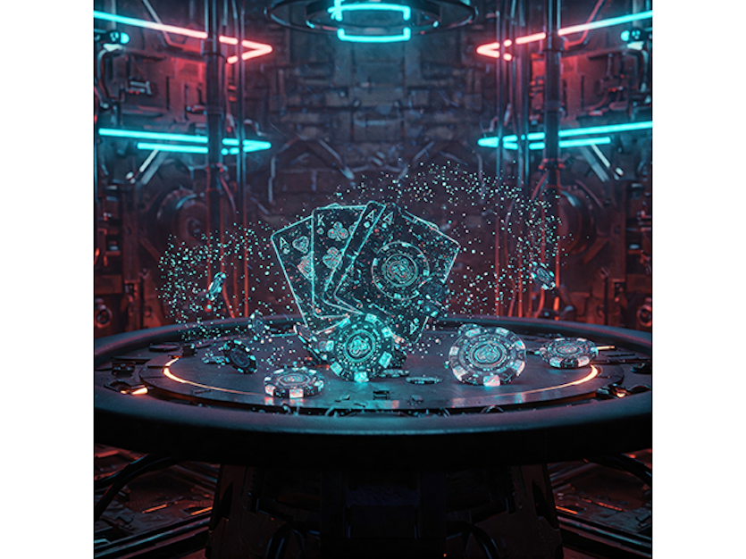 KI-Bild zeigt vier virtuelle Pokerkarten, umrandet von Metallpartikeln