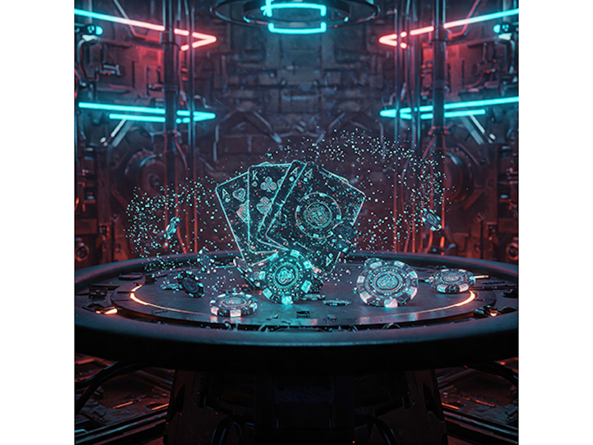 KI-Bild zeigt vier virtuelle Pokerkarten, umrandet von Metallpartikeln
