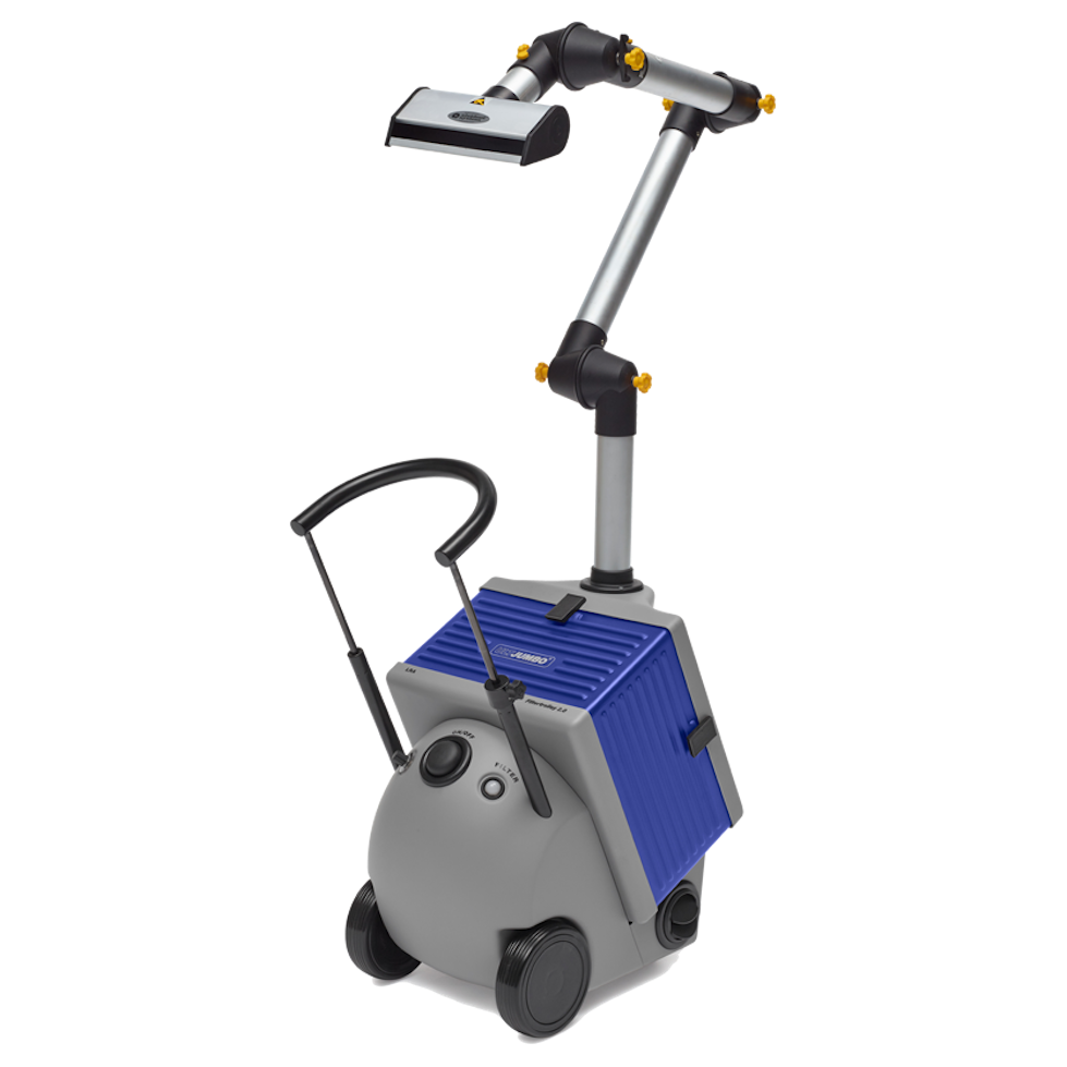 Blau-graues Gerät mit aufmontiertem Absaugarm mit Saugspalt